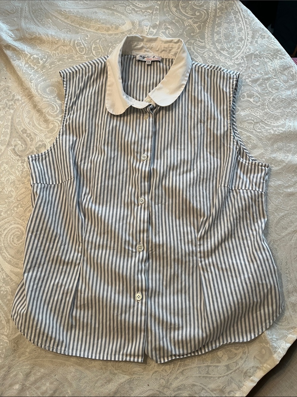 Agnes B. Blue and White Striped Sleeveless Button-Down Top White Collar LG EUC!